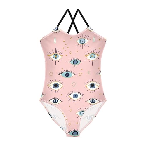 Boho Evil Eyes Girls One Piece Swimsuits Pink Sport Halter Swimwear Beach Bathing Suit 3T