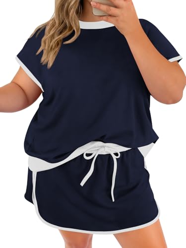 Beautife Womens Plus Size 2 Piece Shorts Set Summer Short Sleeve Color Block Shirts and Skort Casual Matching Sets