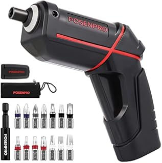 POSENPRO Cordless Electric Screwdriver, 4V Rechargeable Power Screwdriver with 15 Pcs Accessories, Screw Gun with Halo LED Light, Touch F/R Button, USB Cable, Carrying Bag & Accessory Box