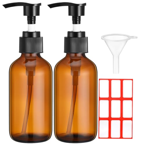 Fumete 2 Pack Glass Bottles 4oz Empty Refillable Liquid Containers with 1 Label 1 Funnel for Essential Oils Hair Travel Plants Cleaning Skin Care(Amber, Black Top,Pump Bottle)
