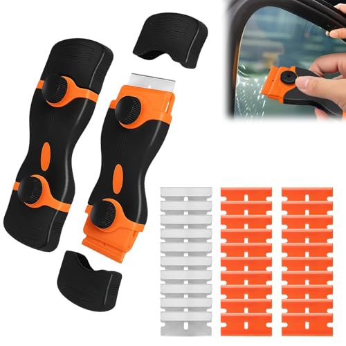 2PCS Double Edged Oven Cleaning Tool Non Scratch with 10 Metal & 20 Plastic Replace Parts, Multi-Surface Paint Scraper Tool, Glass Scraper for Windows Ovens Hobs to Removing Burnt Food Stickers Labels