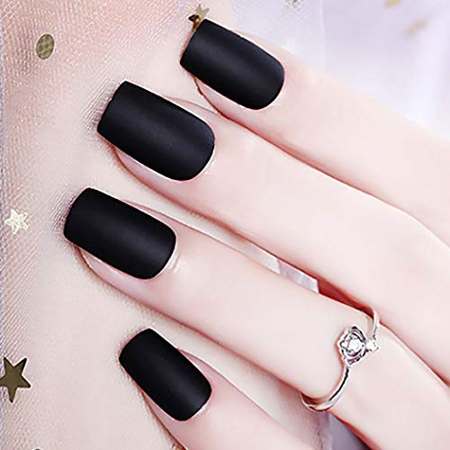 Sethexy 24Pcs Matte Squoval Pure Color False Nails Square Full Cover Medium Acrylic Art Nail Tips For Women and Girls (Black)