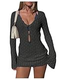 MakeMeChic Women's Bathing Suit Beach Cover Ups Long Sleeve Crochet Mini Dress Black Medium