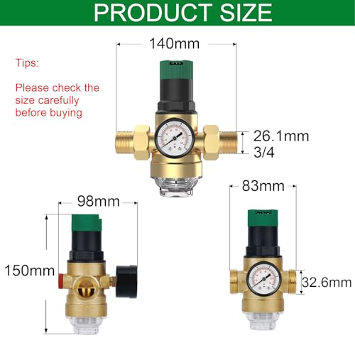 Druckminderer Wasser 3/4 zoll, Druckregler Wasser mit Manometer und Siebfilter, Messing Wasserdruckminderer mit Verschraubungen, Sicher und Langlebig