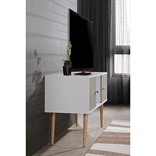 Hodedah Retro Style TV Stand with Two Storage Doors, and Solid Wood Legs, White by Hodedah - Used condition - Image 4