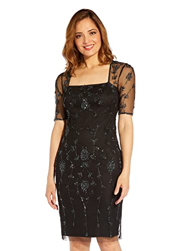Image of Adrianna Papell Women's Beaded Short Special Occasion Dress, Black/Gunmetal, 14