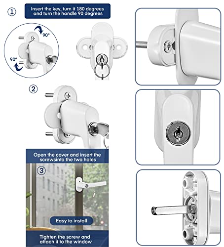 4 PCS Abschliessbarer Fenstergriff, Kindersicherung Fenstersicherung mit Schloss, Zur Befestigung von Fenstern, Balkontüren, Hoftüren usw.(Weiß) (4)