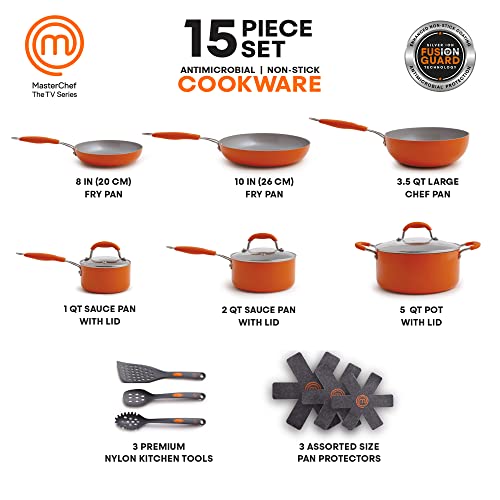 Fusion Guard, Masterchef 15-Piece Cookware Set, Orange, Antimicrobial Technology, Ceramic, Titanium Non-Stick Coating, Ptfe/Pfoa/Pfos-Free, Induction Safe, Saute Pan #TOP2
