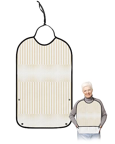 Geometric Boho Adult Bib for Eating with Crumb Catcher,Washable & Waterproof Terry Cloth Adjustable Elderly Women Men Adult Bibs Funny Clothing Protector Abstract Minimalistic Beige Stripes Polka Dot