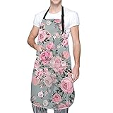 Pink Rose Floral Grey Shabby Chic Funny Apron 2 Pockets Mom Women Wife Girlfriend Birthday...