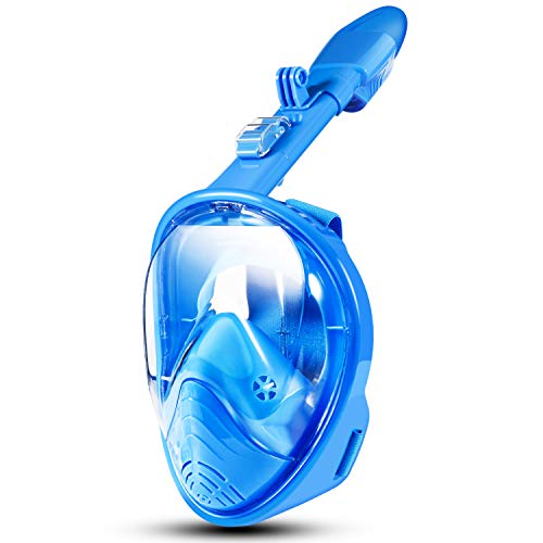 Máscara de snorkel de cara completa 180 ° Seaview Máscaras de snorkel de respiración fácil para niños Buceo de seguridad anti-niebla y anti-fugas con montaje de cámara de acción desmontable (azul)