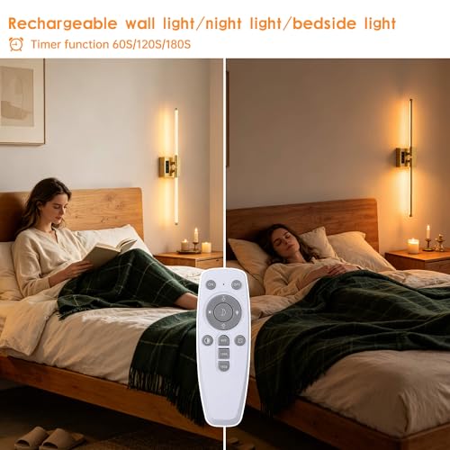 GIDERWEL Battery Operated Wall Sconce of 2,Dimmable 3000K-6000K Magnetic 360° DIY Rotate Rechargeable LED Wall Lamp with Remote,Cordless Night Light Decor Light for Hallway, Living Room,Bedroom,Gold — view 4