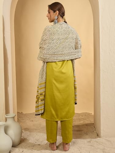 Image of INDO ERA Women's Straight Cotton Blend Solid Solid Kurta & Pant with Dupatta Set (IESTR10631)