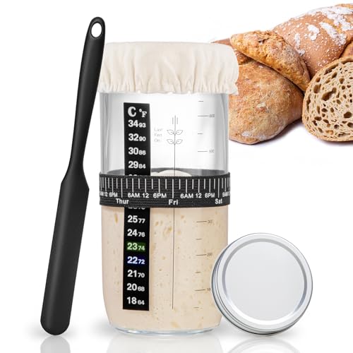 Thyme Space 730ml/25oz Sourdough Starter Jar, Sourdough Bread Baking Container with Date Marked Feeding Band, Thermometer, Silicone Scraper, Cloth Cover & Metal Lid for Family Use