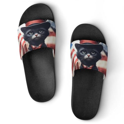 Black Cat U.S. Flag Funny House Sandals Non Slip Shower Slippers Quick Drying Bathroom Shoes for Women Men