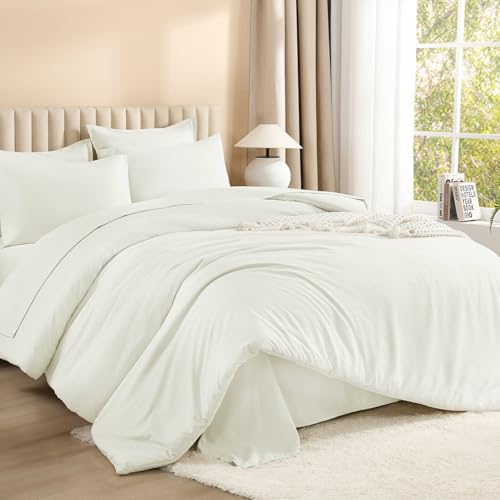 Image of Litanika Super King Plus Comforter Sets Ivory - 7 Pieces Bed in a Bag Beddding Sets, Solid Lightweight Bed Set with Comforter, Sheets, Pillowcases & Shams