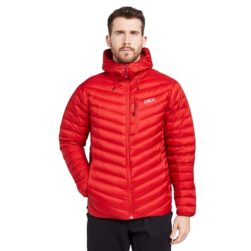 Image of OEX Men’s Kintra Down Jacket with Wired Peak Adjustable Hood & Athletic Fit, Water-repellent, Lightweight & Packable (UK, Alpha, XXL, Regular, Regular, Red)
