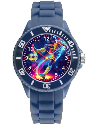 Alienwork Football Garçons Montre Pédagogique Apprendre l'Heure Enfants Garçon Bleu Marin Bracelet en Silicone Multicolore Enfants Résistant à l'eau 5 ATM Temps...