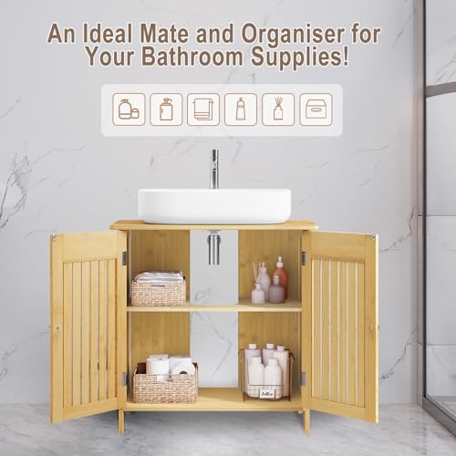EUGAD Waschbeckenunterschrank aus Bambus, Badezimmerschrank mit 2 Türen, Badezimmer Unterschrank Waschbecken, Waschtischunterschrank, Verstellbarer Einlegeboden, viel Stauraum, 60x60x30 cm