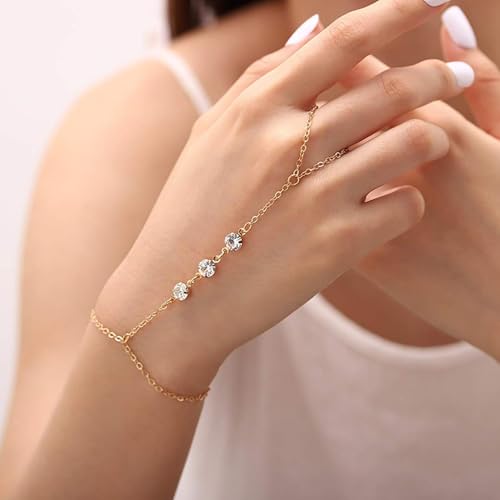 Image of Long tiantian Hand Chain Bracelet Gold Link Finger Ring Slave Bracelet