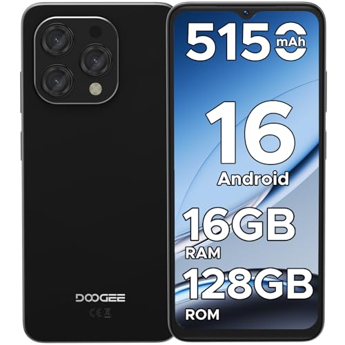 DOOGEE N55 Teléfono Móvil Libre Android 16, Smartphone con 16GB + 128 GB, 6.56 HD/90 Hz, Telefono Movil Cámara 13+8MP, Movil Octa Core, Batería 5150mAh Carga Rápida 10W OTG Face ID Móvil Negro