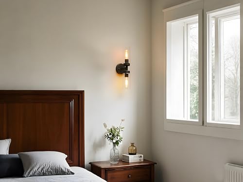 Image of Phansthy Rustic Industrial Wall Sconce Light with Tubular Clear Glass Lampshade (2-Light Sconce)