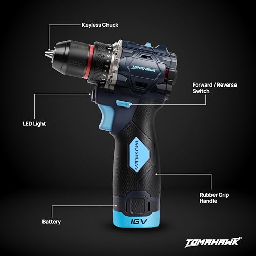 Image of Tomahawk BSD-999 16V Brushless Cordless Drill Machine & Screwdriver Kit for Home | 10mm Keyless Chuck | 2-Speed 450 /1800 RPM | 50 Nm, 20+1 Clutch | 2 x 2.0Ah Batteries + Charger