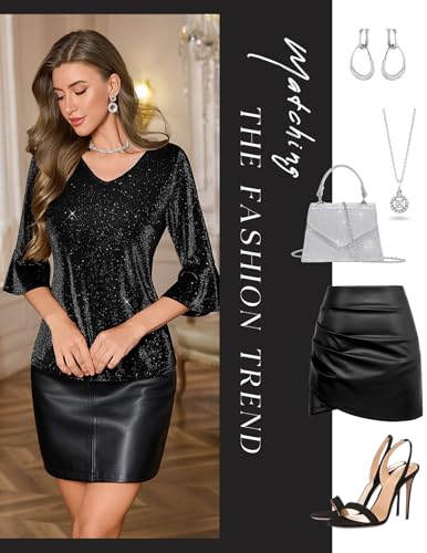 HomRain Dressy Tops for Women Party Night V Neck Sheer Glitter Shirts 3/4 Bell Sleeve Loose Fit Sparkle Blouses Black L — view 6