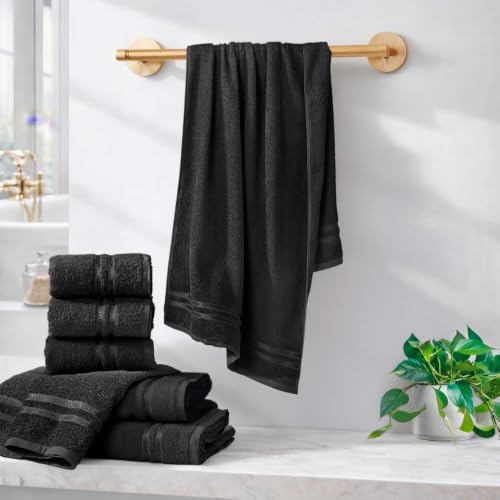 Image of 100% Cotton Terry Ultrasoft and Quick Absorbent 380 GSM Solid 6 pcs. Quick Dry Bath Towel Set for Bathroom or Gifting Towel Set (Black)