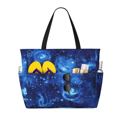Blue Universe Space Galaxy Print Large Capacity Beach Travel Bag For Family, Beach Tote Bag For Women With Zipper Pockets