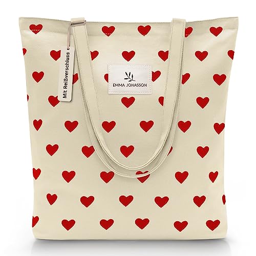 Emma Jonasson Jutebeutel mit Reißverschluss - Stilvoller Shopper Damen mit Innentasche - Einkaufstasche mit langem Henkel - Perfekte Tasche als Tote bag Schultertasche Stofftasche groß mit Herzen