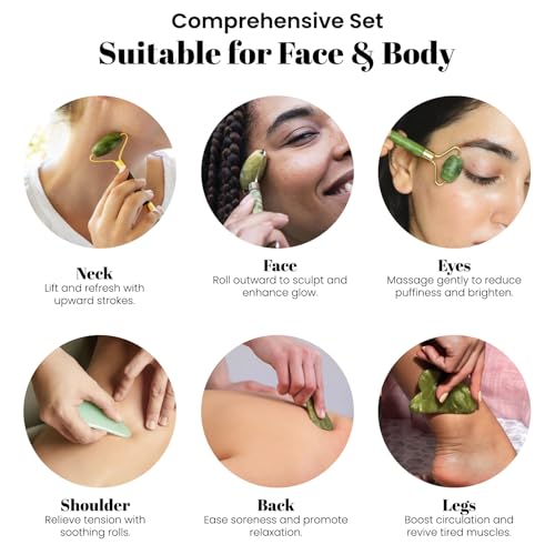 Image of ROSELYNBOUTIQUE Gua Sha Facial Tools & Jade Roller Original Face Massager for Puffiness Wrinkless Skin Care Routine - Self Care Gift for Men Women