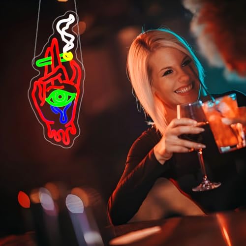 Image of Hand Eyes Neon Sign, JGHTURIE Bar Neon Signs for Wall Decor Red Light Up Sign USB Powered Led Signs for Man Cave Game Room Boys Beer Decoration
