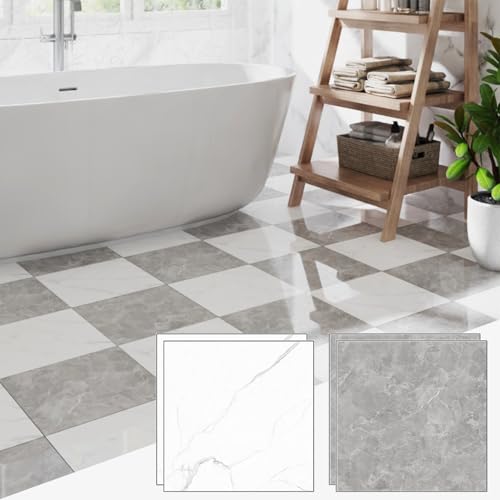 20-Pack 20 Sq.Ft Peel and Stick Floor Tiles Vinyl Glossy Pattern Flooring, 12” x 12” Self Adhesive Vinyl Flooring DIY for Kitchen, Bathroom, Laundry, Polish Light Grey&White Marble