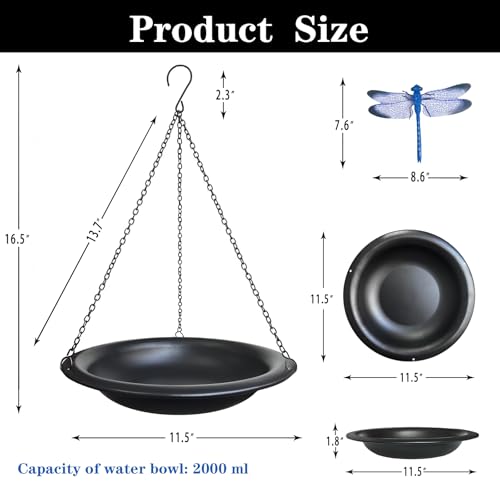 Image of 11.5 Inch Matte Black Metal Hanging Outdoor Bird Bath Bowl | Comes with 15.5 in rust-proof chains & magnetic dragonfly, weather-resistant decor for garden & backyard