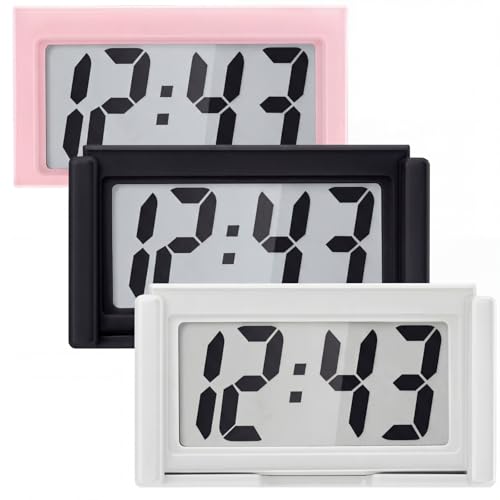 Image of Frienda 3 Pieces Mini Digital Clock Small Digital Clock Stick on Battery Operated Self Adhesive Bracket for Car Dashboard Fridge (White,Black,Pink)