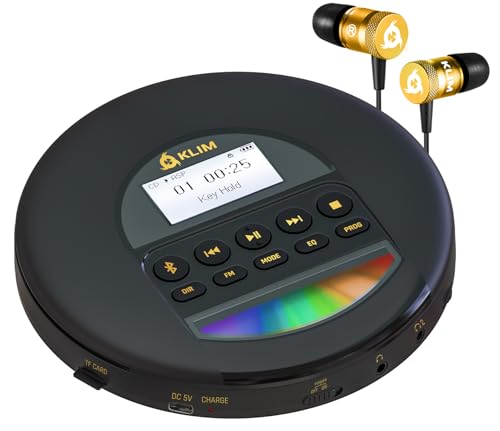 KLIM Nomad CD Player Bluetooth - Tragbarer CD-Player Discman mit langlebigem Akku - Inklusive Kopfhörer - CD-R, CD-RW, MP3 - Mit TF-Reader, Radio FM - Ideal für Autos - Or