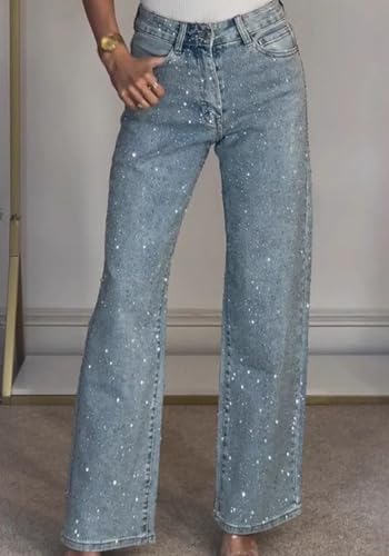 NRTHYE Womens High Waisted Rhinestone Jeans Baggy Straight Wide Leg Shiny Diamond Casual Denim Pants Trousers3