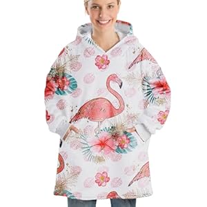 Flamingo Gifts, Flamingo Wearable Flannel Blanket Hoodie, Oversized Flannel Hooded Blanket Sweatshirt, One Size Black