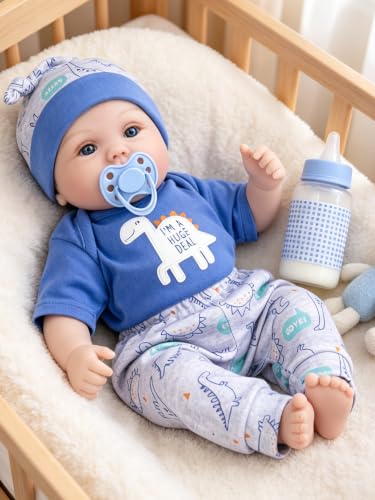 Image of EKOKIZ 18 Inch Reborn Baby Boy Doll - Realistic Blue Eyes Realistic Baby Doll with Dinosaur Outfit, Pacifier & Bottle Gift Set for Kids 3+