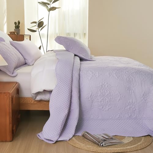 Image of EVENHUG Oversized King Bedspreads California King Quilt Set with Pillow Shams Extra Wide Large King Size Quilts Lightweight Coverlet Bedding Sets Purple 120 inchx120 inch
