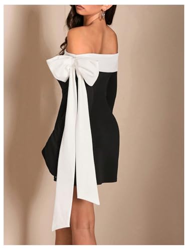 WDIRARA Women's Off Shoulder Bow Long Bell Sleeve Mini Dress Cocktail Party Dress2