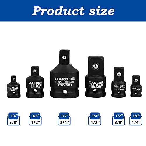 DAKCOS 6 PCS Impact Socket Adapter Set - 1/2" to 3/8", 1/4" to 3/8", 3/4" to 1/2" Convertor Adapter Set Fits Impact Driver, CR-MO - Image 2