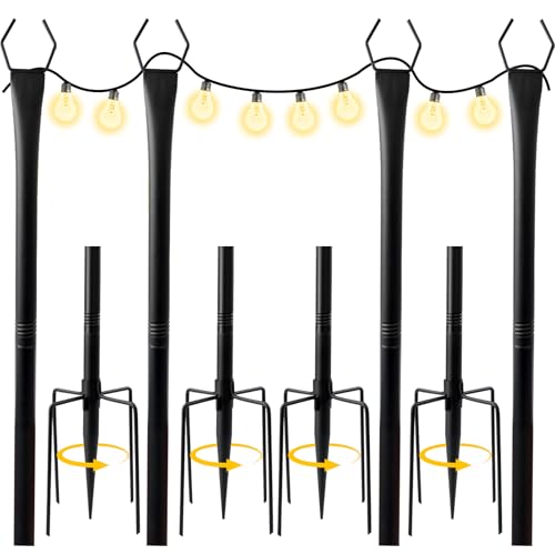 Yueidung String Light Pole for Outdoor Hanging - 10ft Patio Light Post with Fence Brackets Hanging Lights Metal Stand Deck for Backyard Garden Wedding Bistro Lights (4)