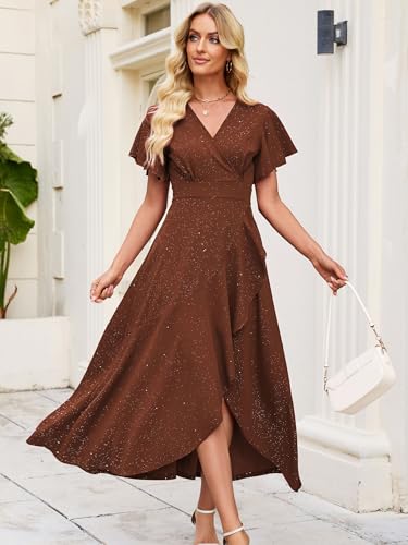 Image of Long Black Formal Dresses for Women Gowns Evening Party Cocktail Dress,Split Elegant V Neck Wrap Ruffle Wedding Guest Dresses