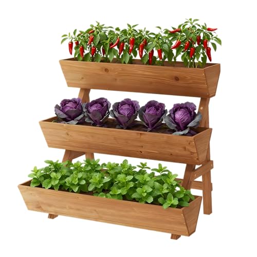Dawnyard 3-Tiers Wooden Raised Garden Bed Tiered Planter Box Flower Pots Vertical Garden Planter Wood Plant Stand for Patio, Balcony, Freestanding (Brown L)