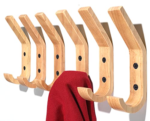 Wooden Wall Hooks, Hnyyzl 6 Pack Wood Hooks Wall Mounted, Modern Coat Hooks, Heavy Duty Double Hooks With Metal Black Screws, Wood Wall Hooks Organizer For Hanging Coat, Hat, Scarf, Bag, Towel #TOP27