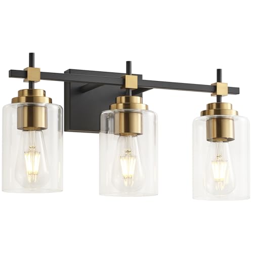 Image of SOLFART 3 Light Black and Gold Bathroom Light Fixture, Vintage Vanity Light with Clear Shades, Modern Over Mirror Wall Lighting for Bathroom Vanity