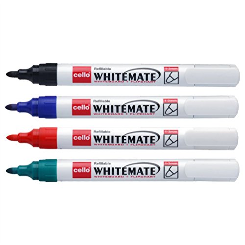 Cello Whitemate Whiteboard Markers | Set Of 4 Markers | 4 Assorted Ink Colours | Fine Point Marker Pens With Easily Refillable And Erasable Ink | Writes Longer