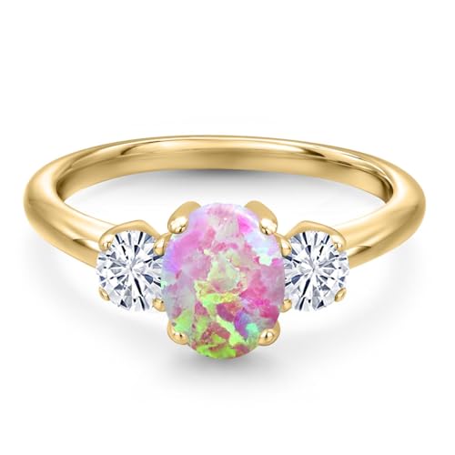 Gem Stone King Gemstone Birthstone and White Moissanite 3-Stone Engagement Ring for Women | 18K Yellow Gold Plated Silver | Oval 8X6MM and Round 4MM | Three Stone Wedding Anniversary Promise Ring3